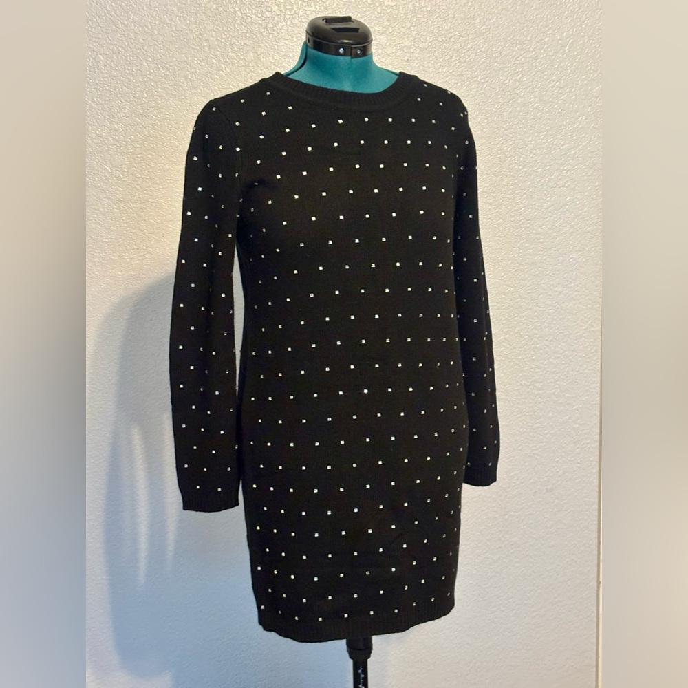 Milly Black Long Sleeve Wool Cashmere Short Sweater Dress with Rhinestones